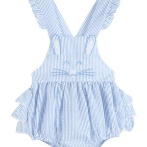 Lil Cactus Baby Girl Blue Seersucker Bunny Face Ruffle Romper Size 2T NEW
